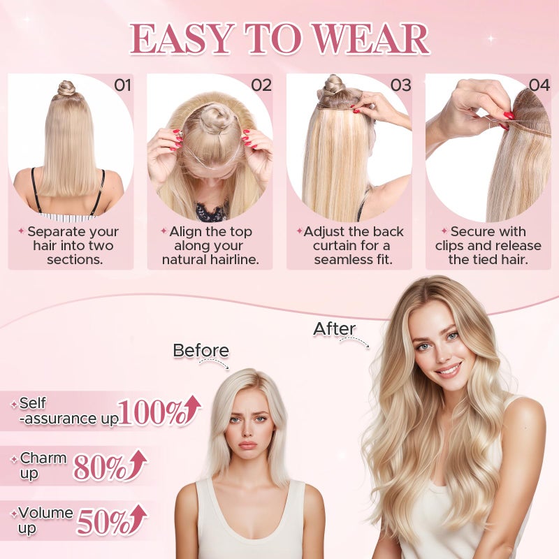 SEGO Halo Hair Extensions Real Human Hair Remy Straight Invisible Wire Hair Extensions for Women Transparent Fish Line Adjustable Size -20 Inch 70g #18RP613R Ash Blonde&Bleach Blonde - Image 3